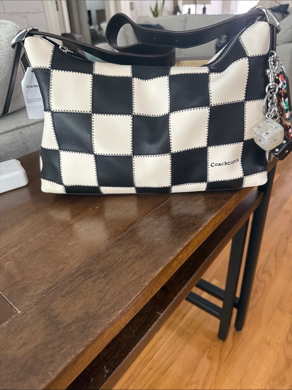NWT Coach Coachtopia Black and White Check Shoulder Bag and Coach Dice Charm